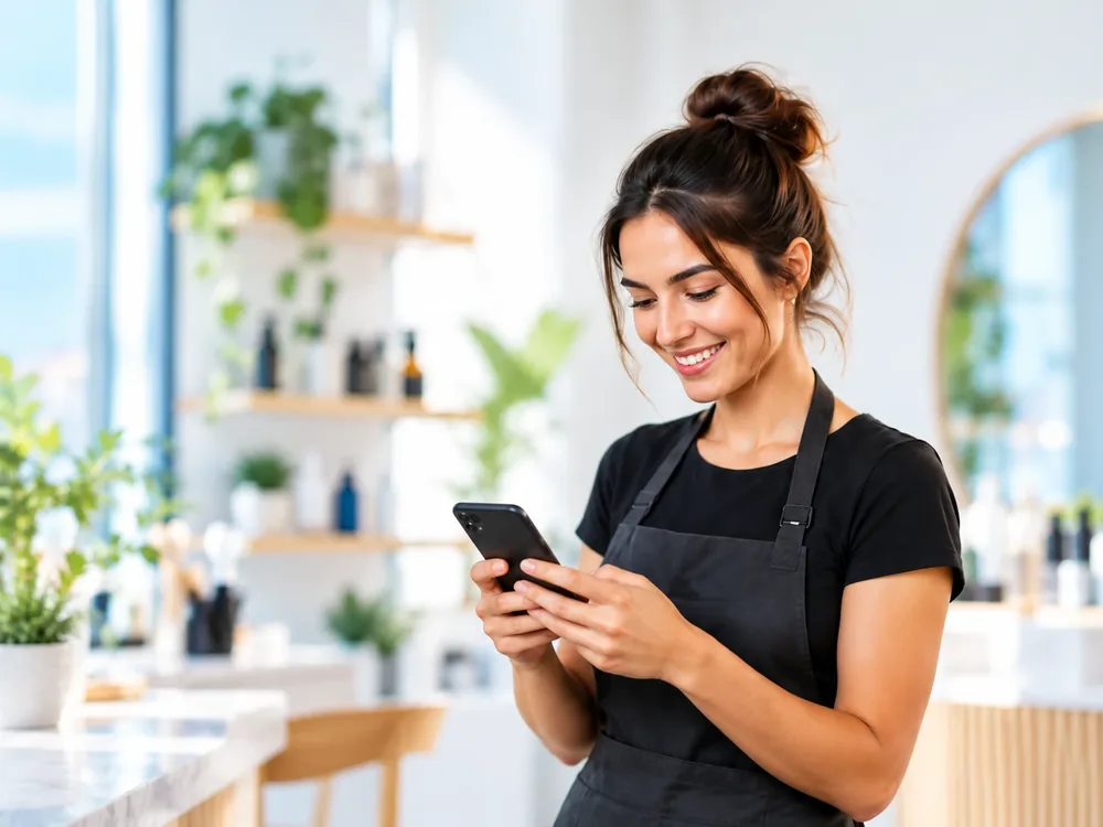 A self-employed provider checking a new job on her phone